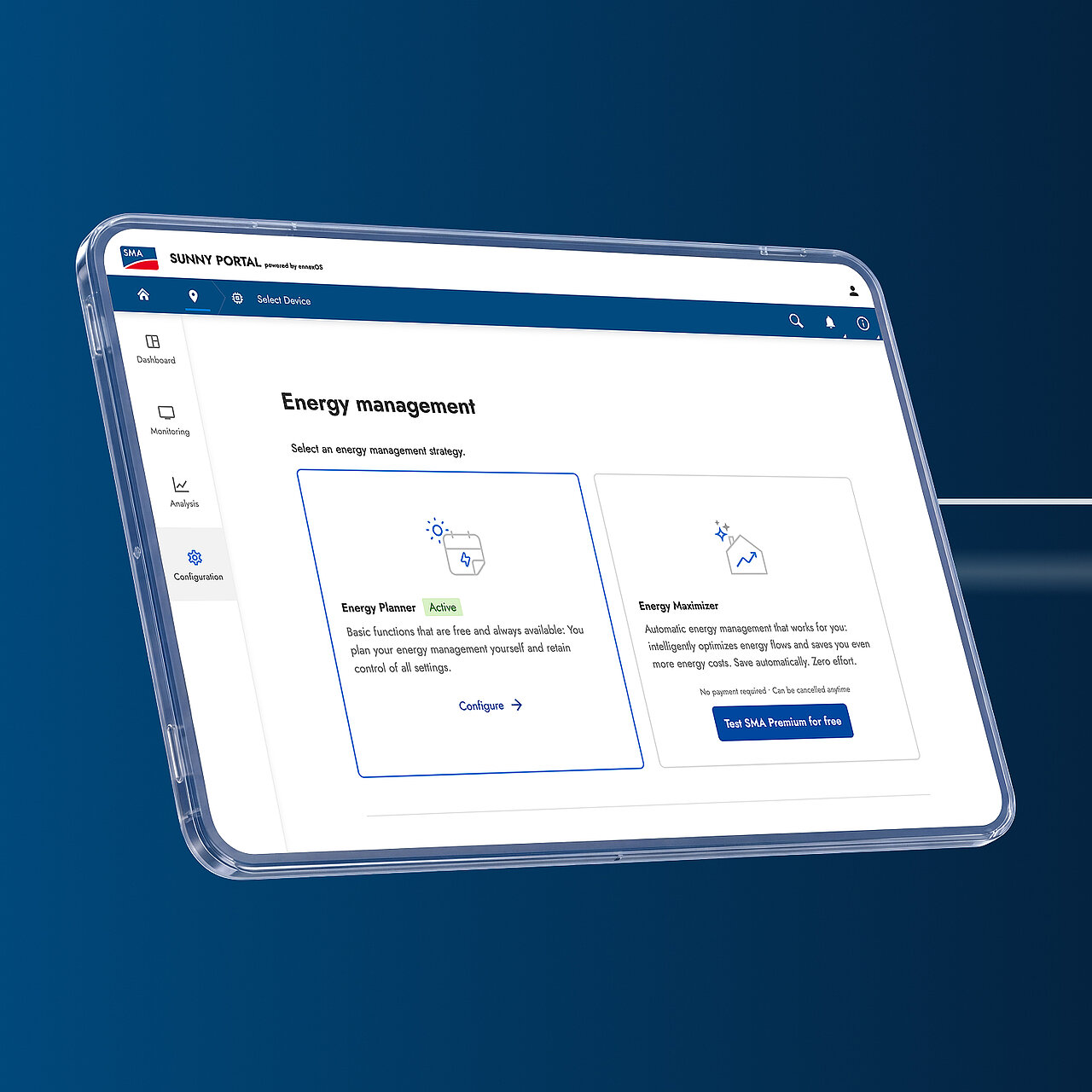Tablet displaying the Sunny Portal with Energy Planner and Energy Maximizer.